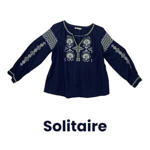 Solitaire womens large eyelet blue embroidered long sleeve shirt johnny floral